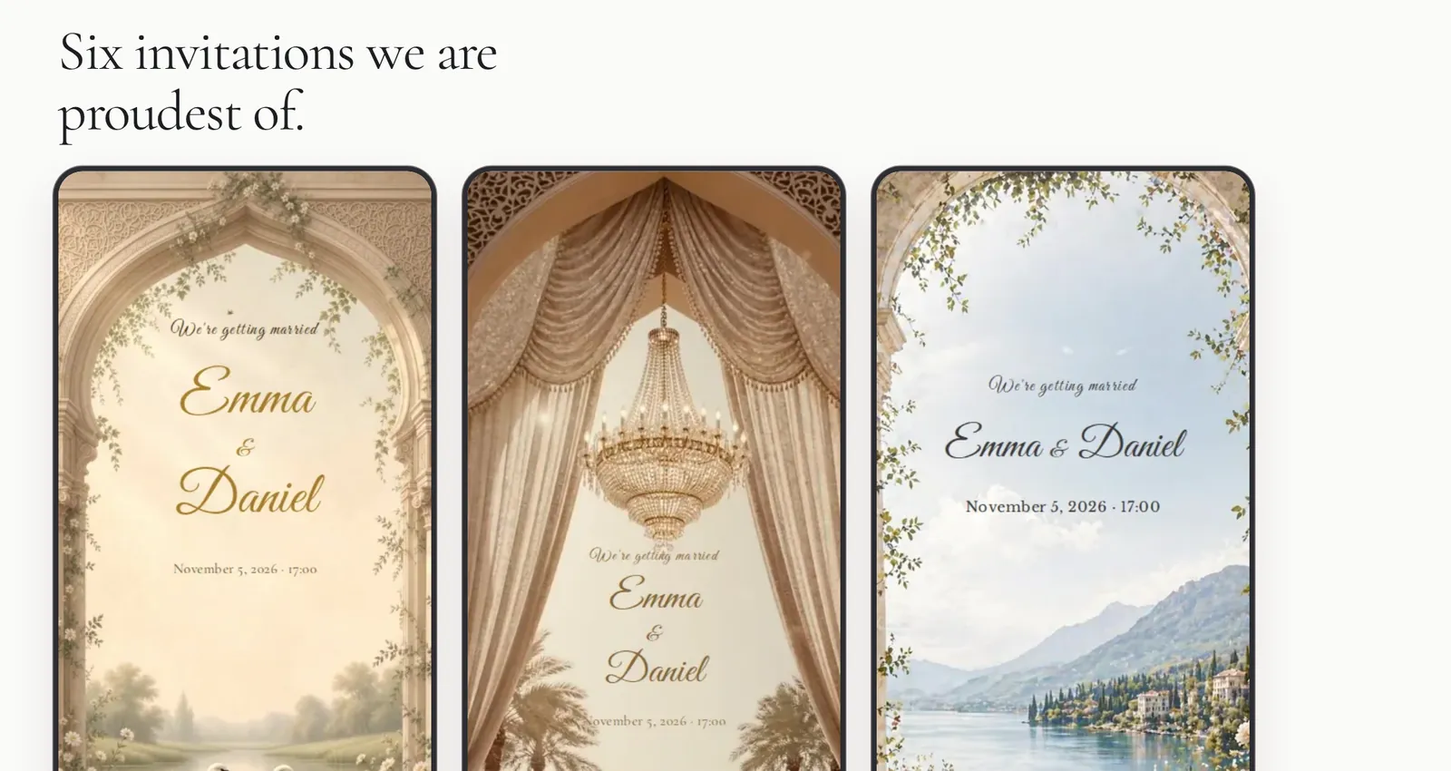 Makateeb design catalogue on desktop: three wedding invitation designs