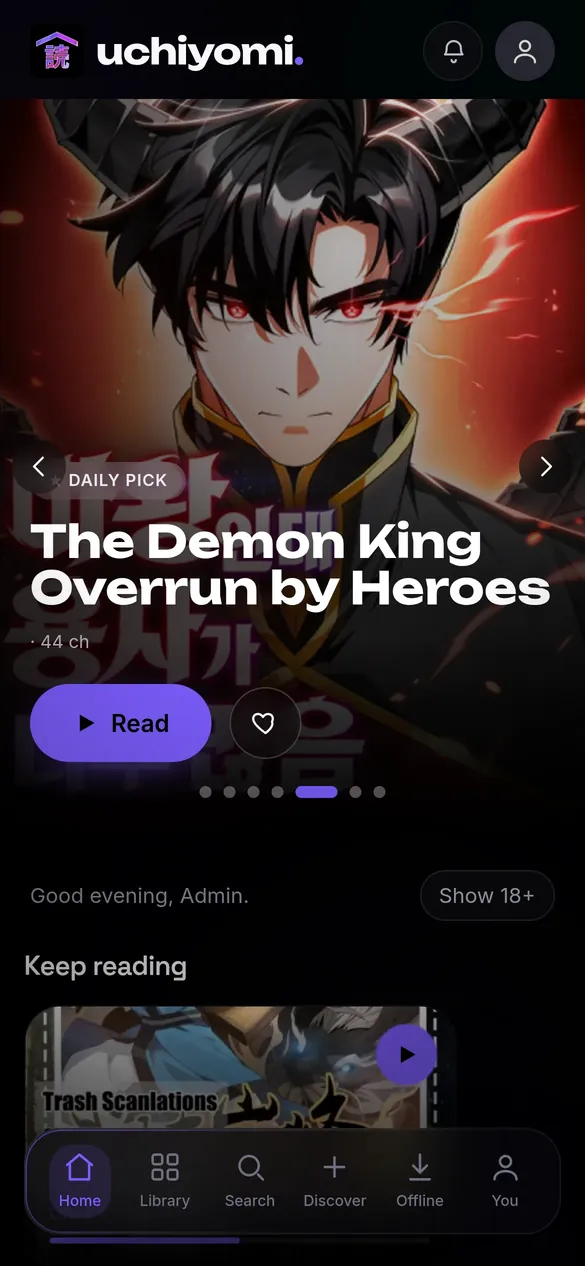 Uchiyomi on a phone: the home screen with a daily pick and the keep-reading row