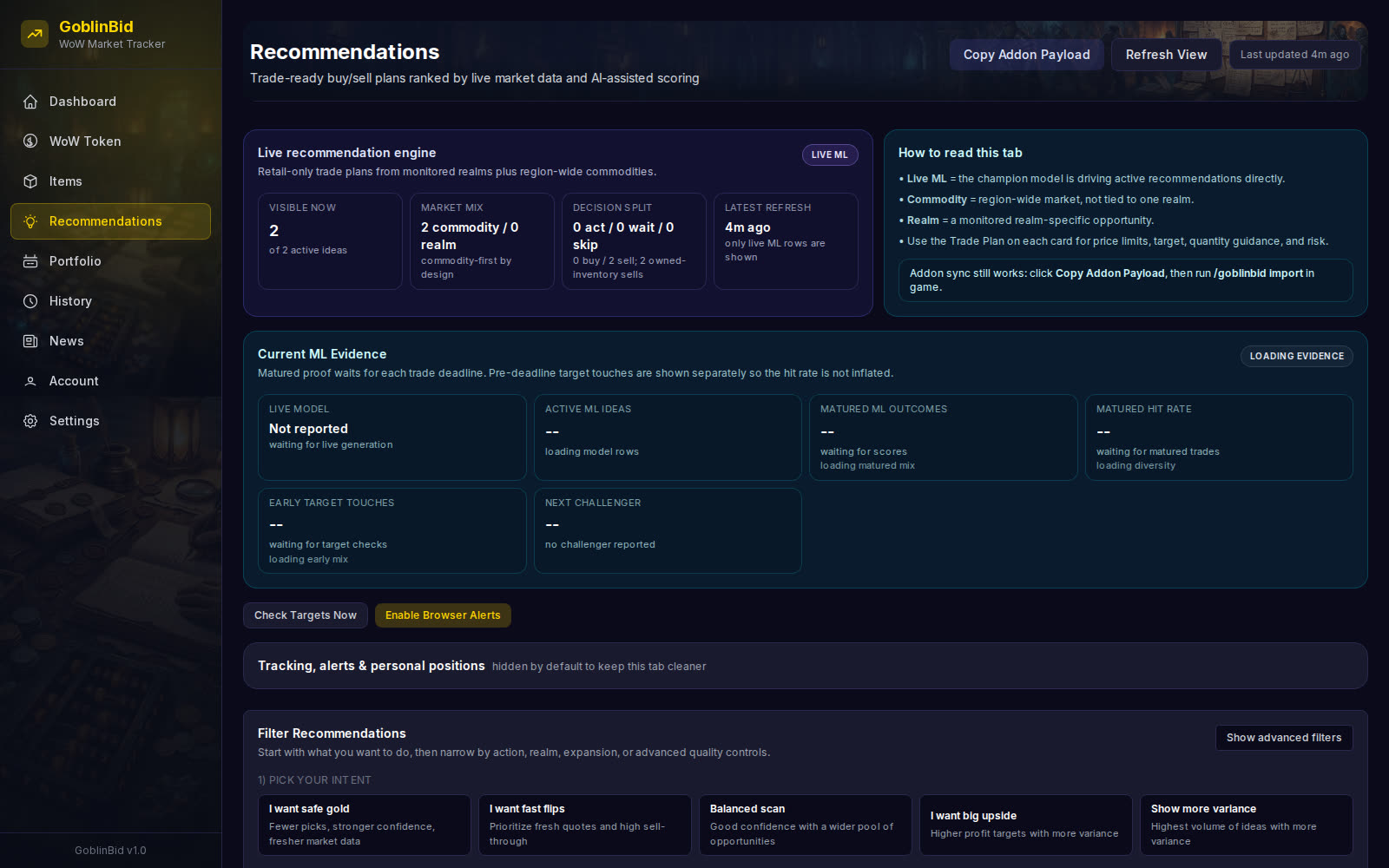 GoblinBid recommendations dashboard — ML-scored WoW auction signals