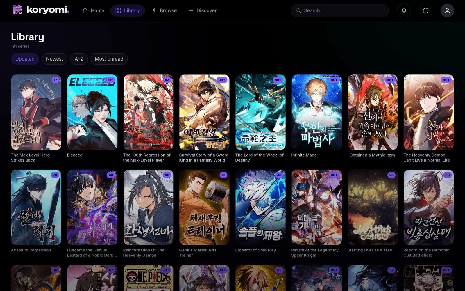 Koryomi: self-hosted manga reader, a wall of manhwa covers