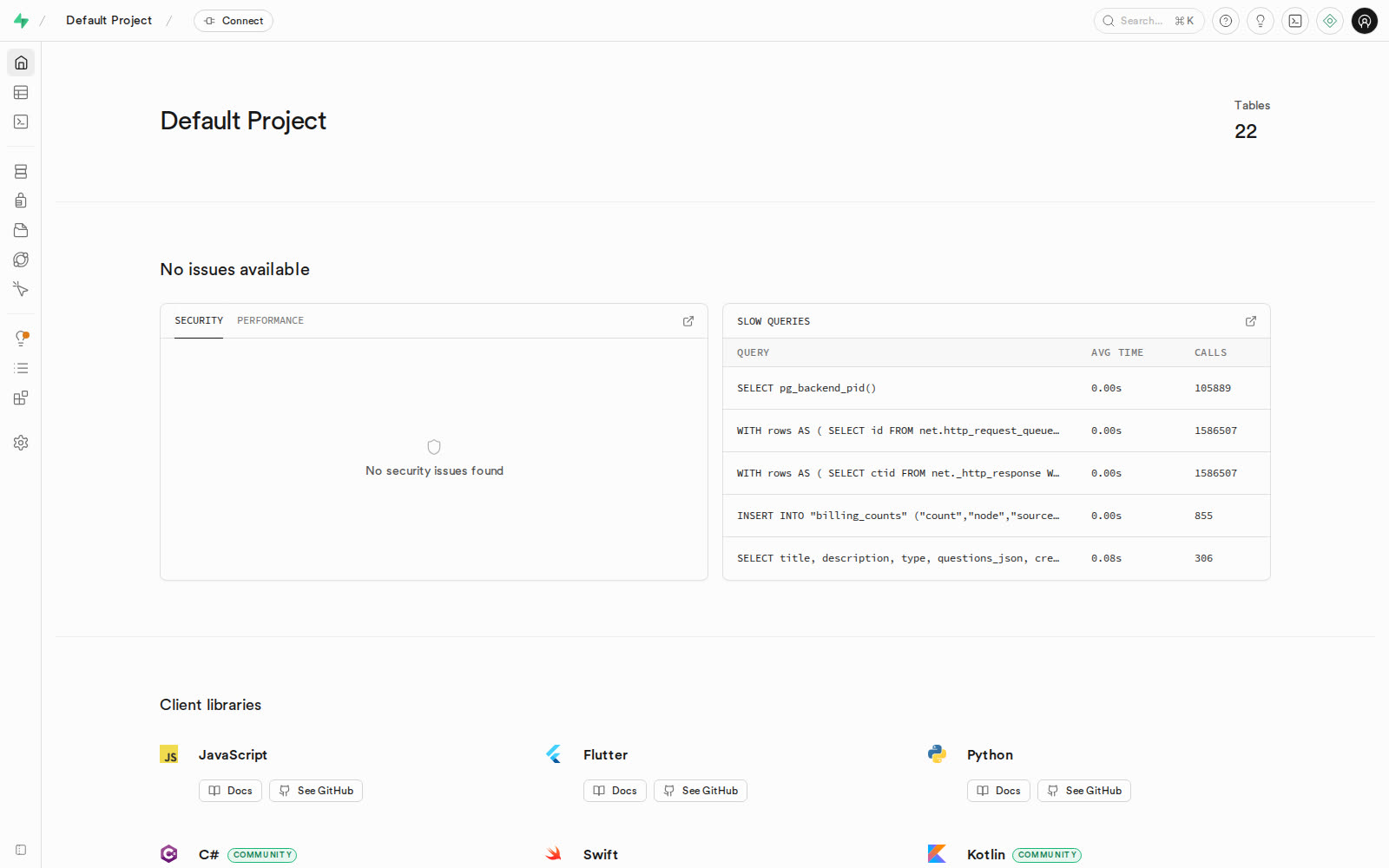 Supabase Studio — self-hosted instance dashboard