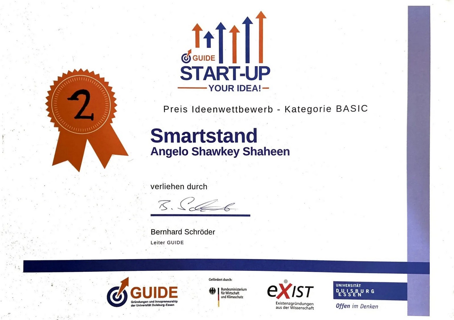 GUIDE Start-up Your Idea certificate — 2nd place