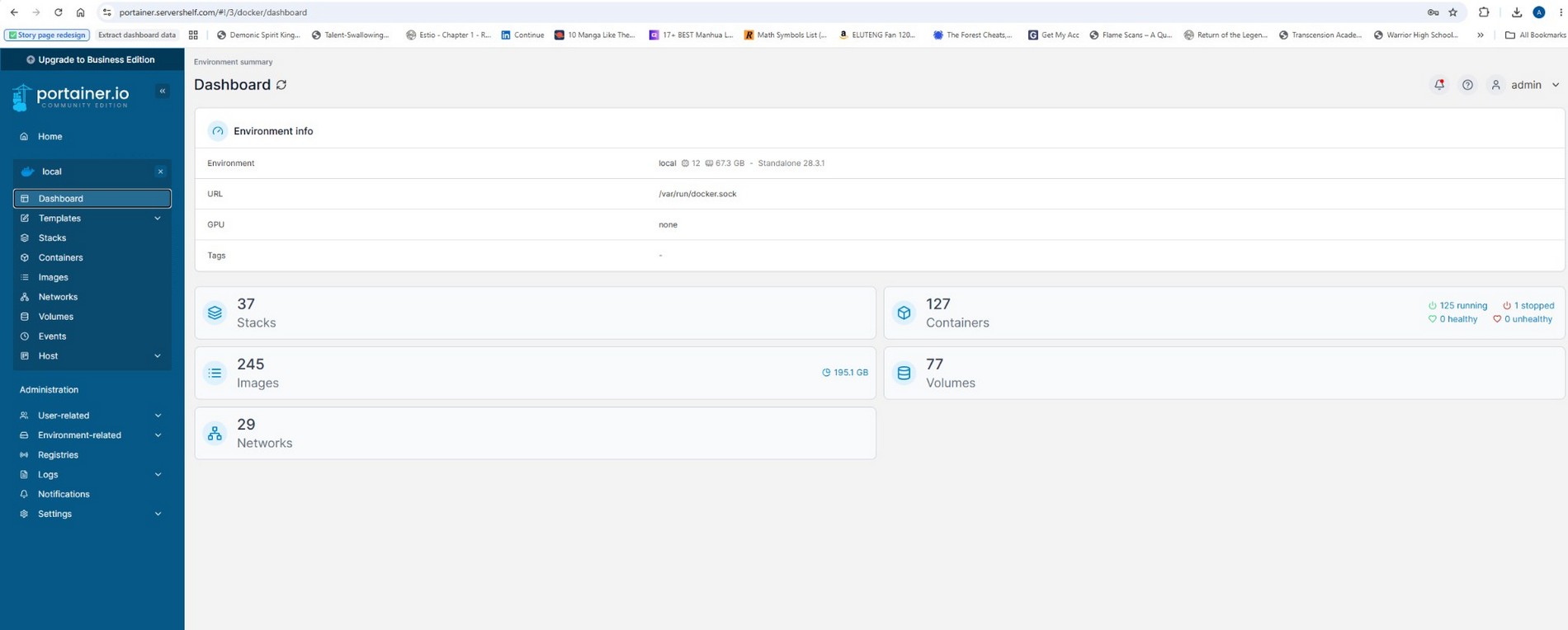 Portainer — 37 stacks, 127 containers, 245 images, 77 volumes