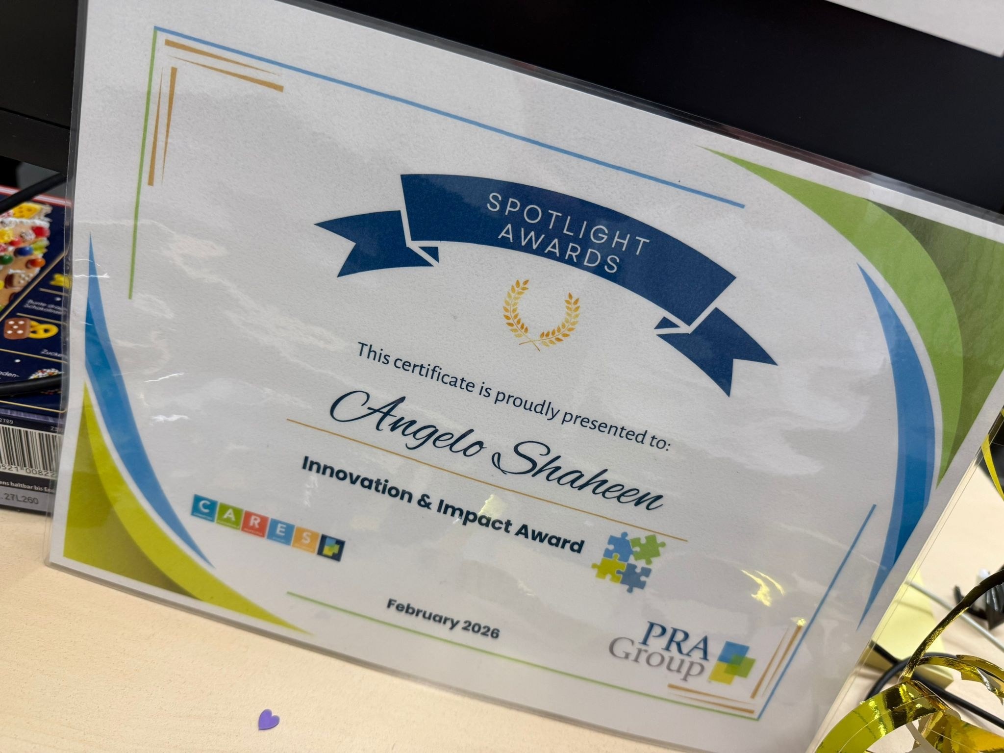 PRA Group Innovation & Impact Award certificate