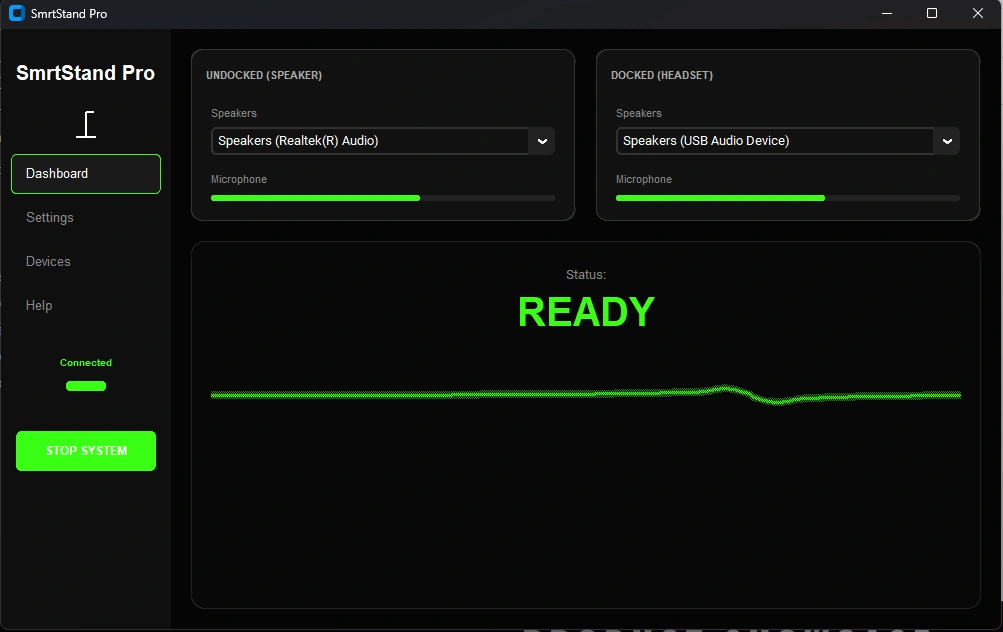 SmrtStand Pro companion app — UNDOCKED + DOCKED audio routing, READY status