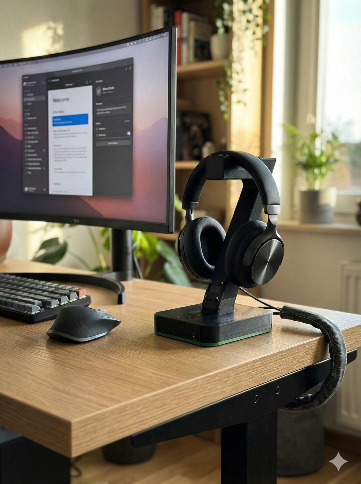 SmrtStand on a wood desk in front of a curved monitor — premium home setup