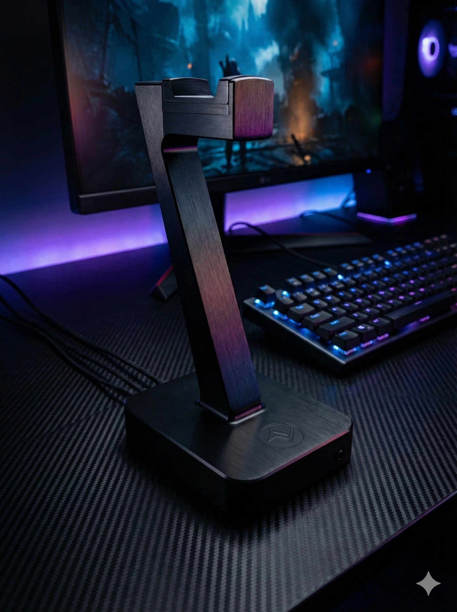 SmrtStand in a dark gaming setup with purple LED accent