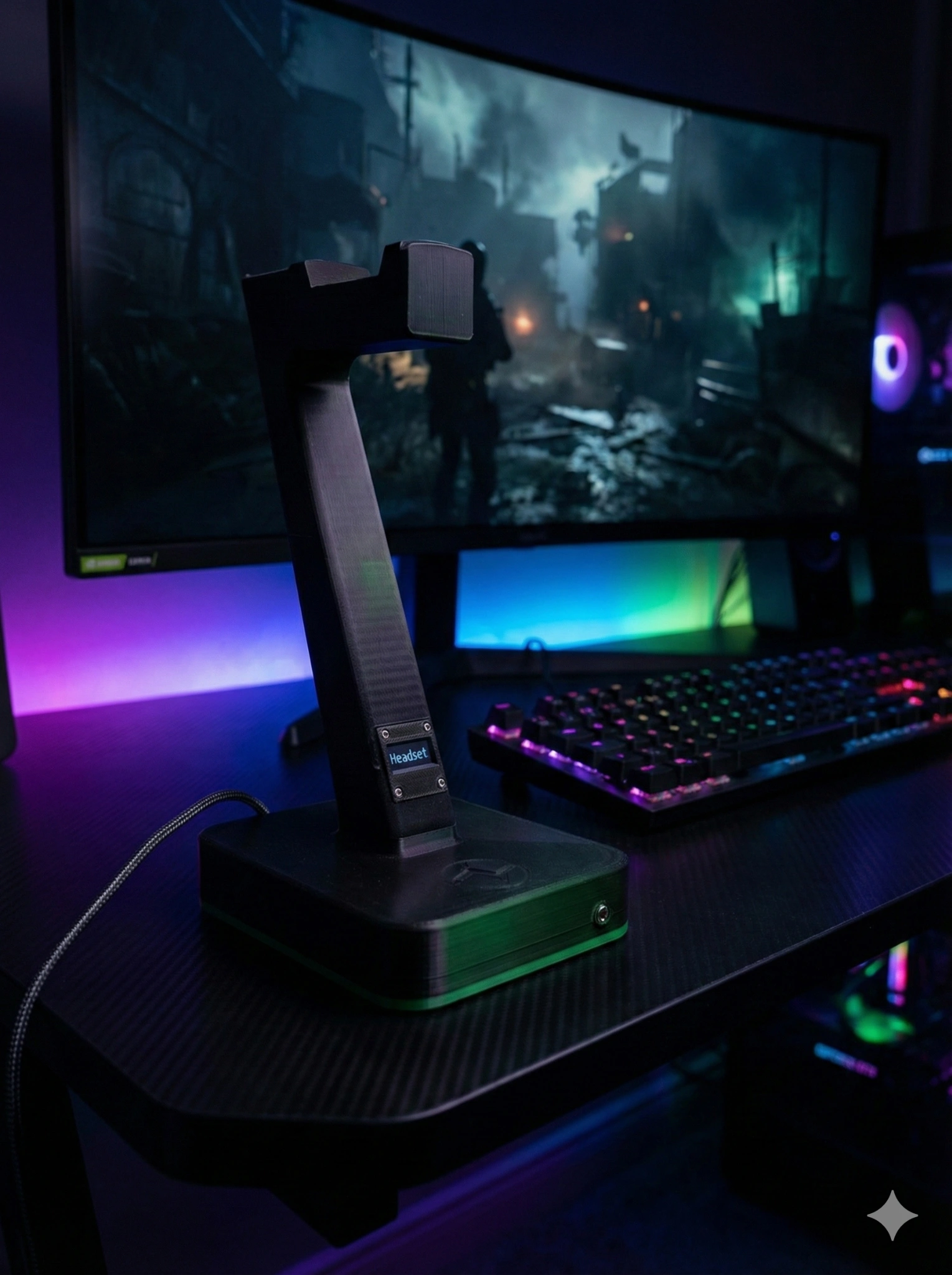 SmrtStand on a gaming desk with RGB keyboard and curved monitor