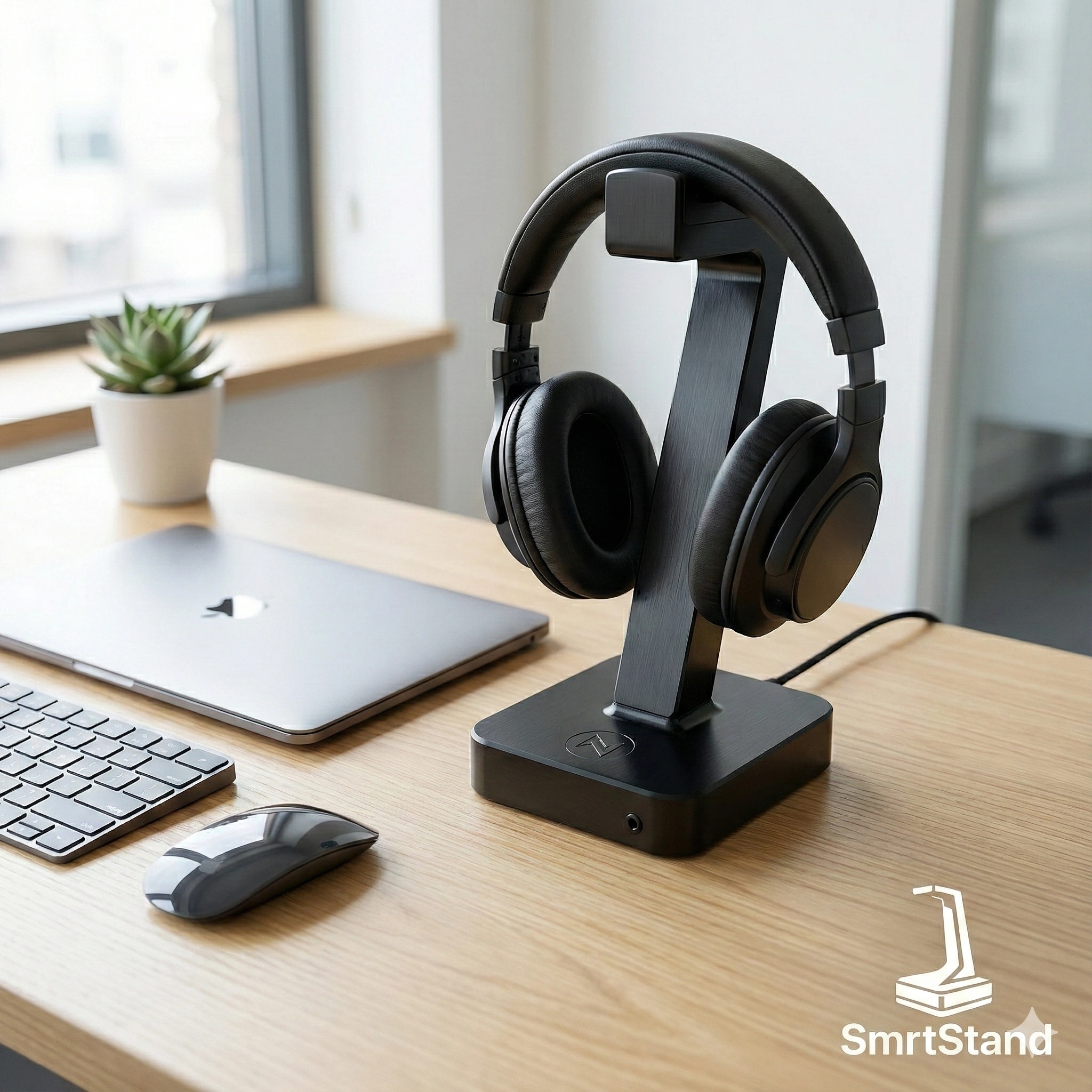 SmrtStand with over-ear headset next to a MacBook and Magic Mouse