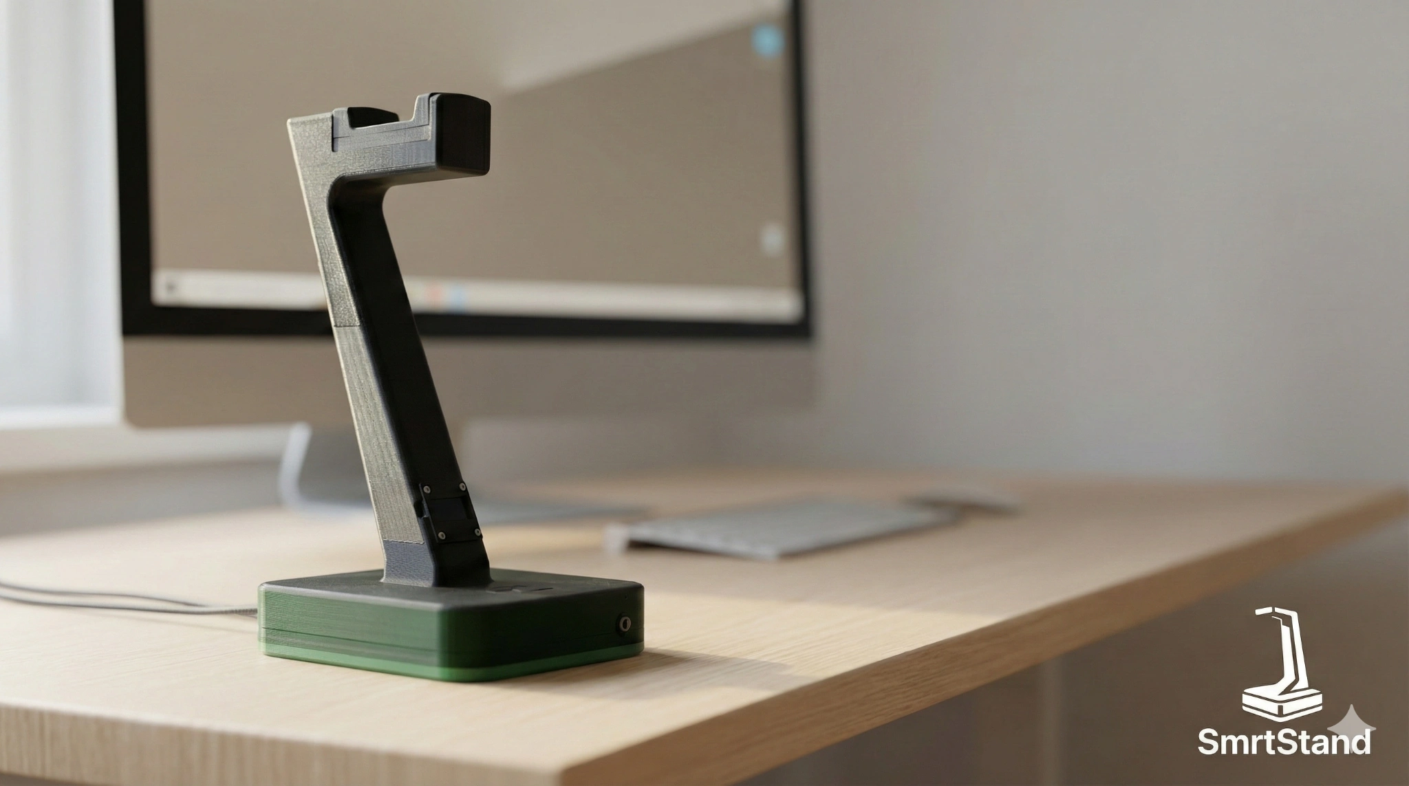 SmrtStand metallic prototype in front of a monitor